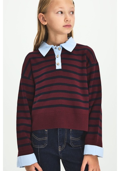 Defacto Relaxed Fit Polo Yaka Çizgili Oxford Kazak Kız Çocuk I3601a826wnbr194 Bordo-br194