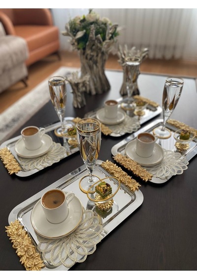Atabey Home Collection 1 Adet Tekli Kahve & Çay & Sunum Dikdörtgen Büyük Sunum Tepsisi Çelik Gül Model Gold 30 Cm