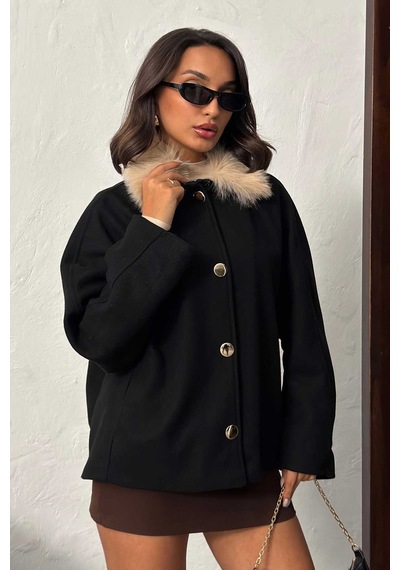 Verymoda Peluş Yakalı Dügmeli Kaşe Mont F2048 Siyah