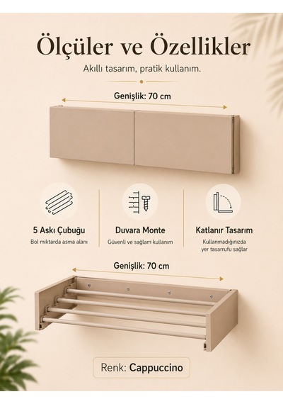 Çamaşır Kurutma Askılığı Katlanır Duvara Monte Balkon Banyo Askılık Duvar Tipi Yer Tasarruflu Çamaşırlık 70 Cm Belize Cappucino