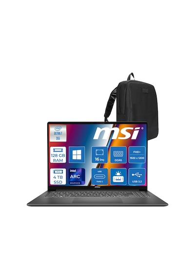 MSI Modern 16S AI+ G3MG G3MG-049TRP40 Ultra 7 355 128 GB 4 TB SSD 16" W11P Dizüstü Bilgisayar +Çanta