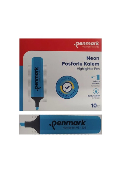Fosforlu Kalem Neon Mavi Cam Göbeği Renk 10 Adet Mavi
