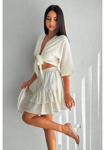 Kadın Bağlamalı Üst & Katlı Etek Takım Resort Whisper Beyaz