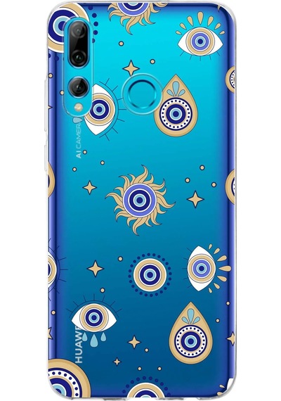Huawei P Smart Plus 2019 İle Uyumlu 1mm Slim Fit Nazar Boncuğu 5 Baskılı Şeffaf Kılıf Şeffaf
