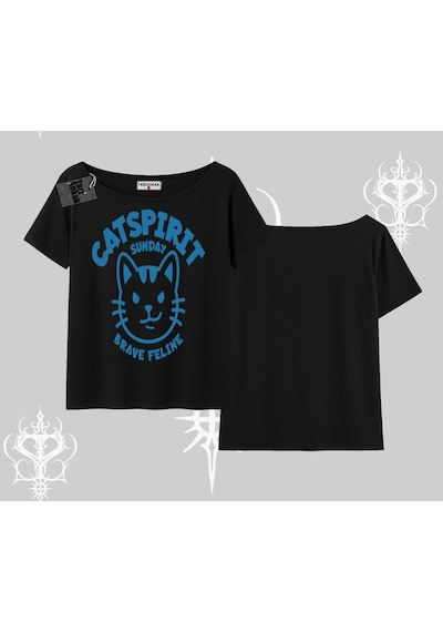 Startmore Startmore Catspirit Sunday Brave Feline Yazılı Kedi Baskılı Kayık Yaka Tshirt Siyah
