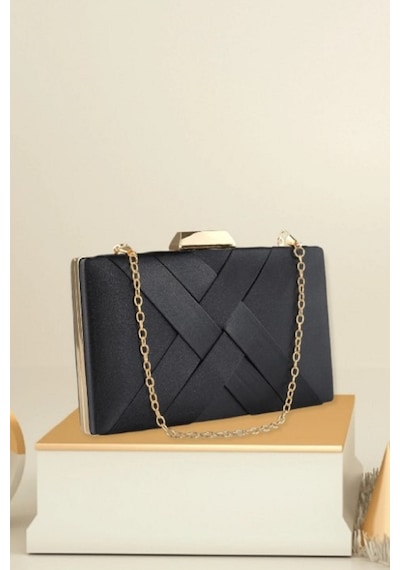 Famels Kadın Şeritli Özel Model Abiye Clutch Portföy El Gece Düğün Nişan Abiye Çantası Siyah