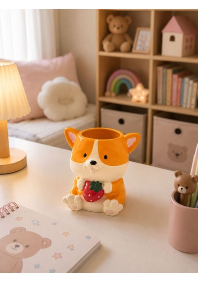 Corgi Köpek Figürlü Çilekli Saksı - Sevimli Hayvan Tasarım Sukulent Ve Kaktüs Saksısı