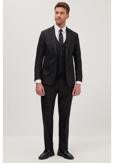 Tudors Erkek Slim Fit Siyah Esnek Likralı Kumaş Sivri Yaka Yelekli Takım Elbise-41294