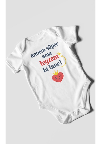 Morivokids Annem Süper Ama Teyzem Bi Tane Kısa Kollu Bebek Body %100 Pamuk Beyaz