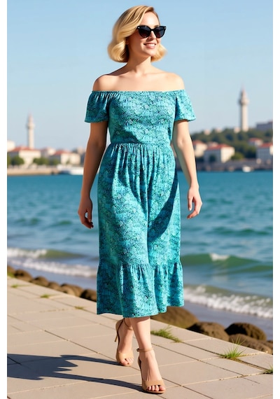Benerly Kadın Büyük Beden Carmen Yaka Çiçek Desenli A-line Maxi Elbise Kı Mavi