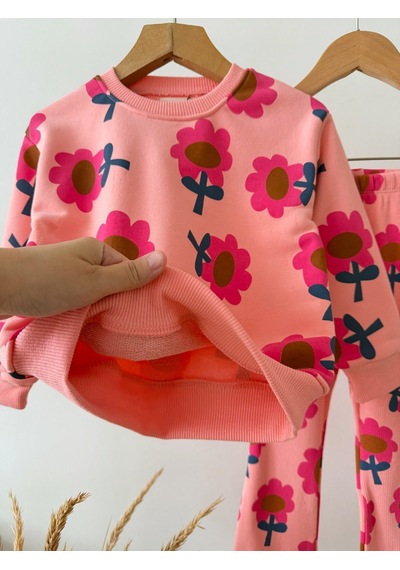 Magu Kız Çocuk Pamuklu Çiçek Desenli Pembe Sweatshirt Ve Tayt Takımı Çok Renkli
