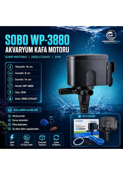 Sobo Akvaryum Kafa Motoru - Sump Motoru - 2500 Lt/saat - 16-8-14 Cm - 35w - Yüksek Su Sirkülasyonu - Wp 3880