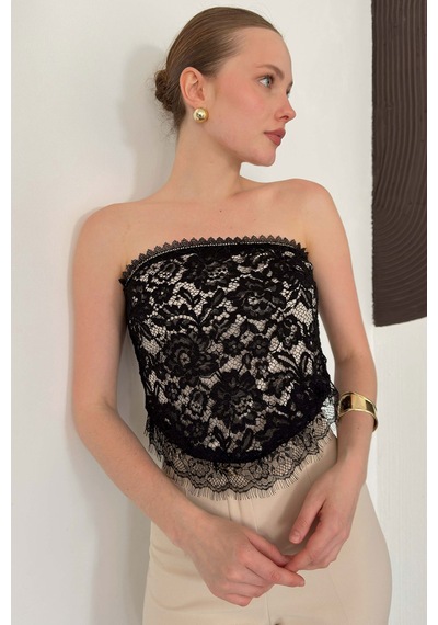 Verymoda Kadın Dantelli Straplez Büstiyer Taş Detaylı Astarlı Şık Bluz D3089 Siyah