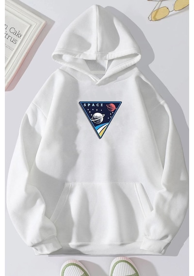 Uyguntarz Unisex Space Baskılı Sweatshirt beyaz