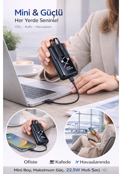 22.5w Hızlı Şarj Mini Powerbank 10000mah Dahili Lightning & Type-c Kablolu Taşınabilir Şarj Cihazı, Dijital Göstergeli, Kompakt Premium Tasarım Gri - Siyah 22.5w Hızlı Şarj Mini Powerbank 10000mah Dahili Lightning & Type-c Kablolu Taşınabilir Şarj Cihazı, Dijital Göstergeli, Kompakt Premium Tasarım Gri - Siyah