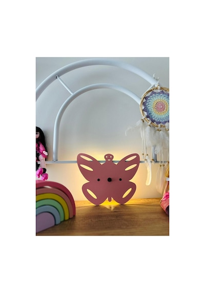 Kelebek Pilli Aplik Pembe Ahşap