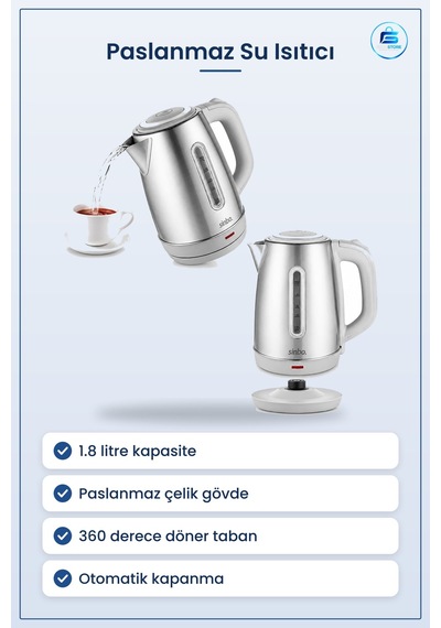 Kablosuz Su Isıtıcı Paslanmaz Çelik 1.8l Kettle Döner Taban Oto