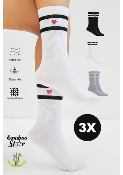 Bamboo Star Bambu Kadın Kalp Desenli Tenis Çizgili Premium Kolej Çorabı Asorti Dikişsiz Soket Çorap 3'lü Paket Gri - Siyah - Beyaz Bamboo Star Bambu Kadın Kalp Desenli Tenis Çizgili Premium Kolej Çorabı Asorti Dikişsiz Soket Çorap 3'lü Paket Gri - Siyah - Beyaz