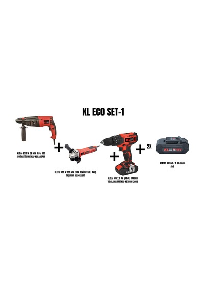 Kleco Set-1 820W 26 MM 3.0 J Sds Pnömatik Kırıcı Matkap + 900W 125 MM Elek Devir Ayarlı Avuç Taşlama + Şarjlı Darbeli Matkap