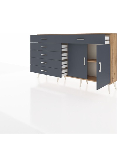 Arges Konsol Tek Raflı 6 Çekmeceli 2 Kapaklı 176x30x99 Çam-antras Çam-antrasit