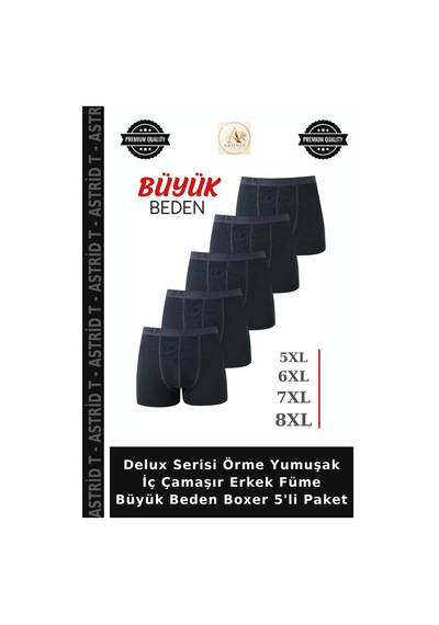 Astrid T Delux Serisi Örme Yumuşak İç Çamaşır Erkek Füme Büyük Beden Boxer 5'li Paket