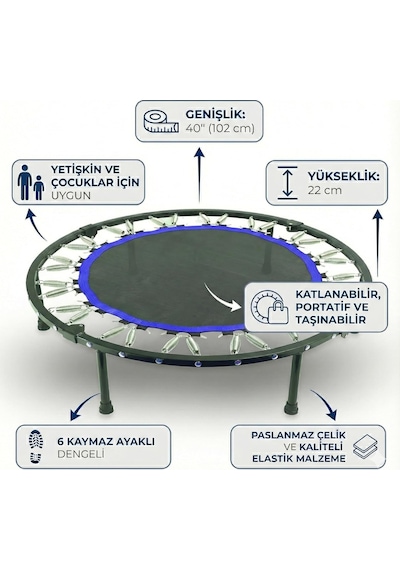 Trambolin 102 Cm 40" Yuvarlak Stabil Çelik Çerçeve 22 Cm Yükseklik Çocuk Ve Yetişkin İçin Taşın Standart