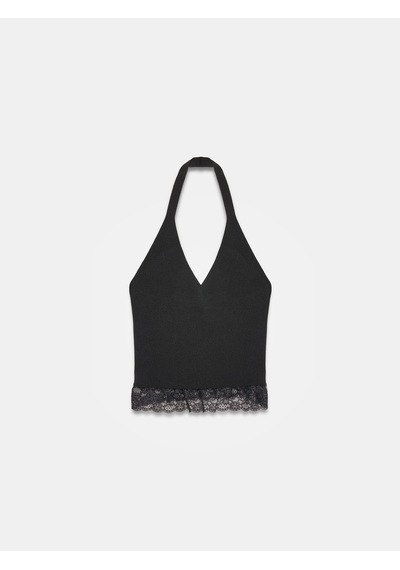 Dilvin 10868 Dantel Detaylı Halter Yaka Triko Bluz-siyah