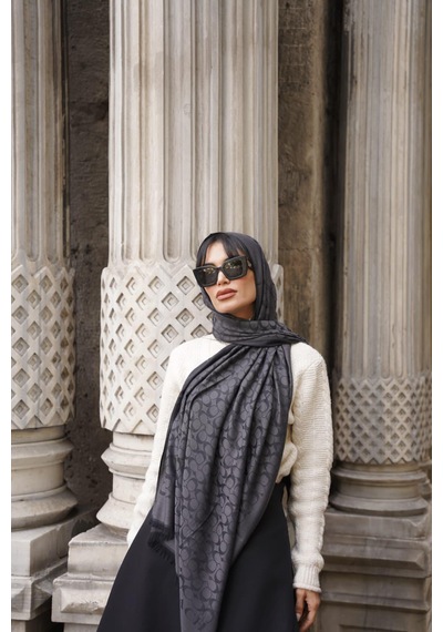 C Desen Yün İpek Şal İnce Kumaş Çift Taraflı Silk Scarfs Antrasit