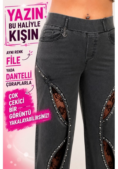 Zanessi Fashıon Denim Taş İşlemeli Lastikli Dekolteli Geniş Paça Kadın Pantolon Siyah