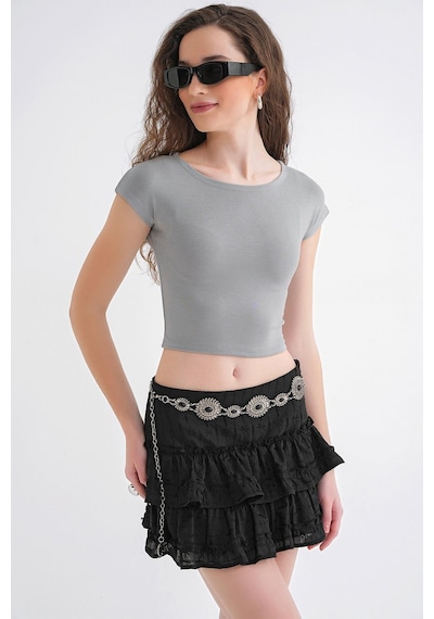 Mixray 2009 Kadın Vücuda Oturan Basic Crop T-shirt Gri Mixray 2009 Kadın Vücuda Oturan Basic Crop T-shirt Gri