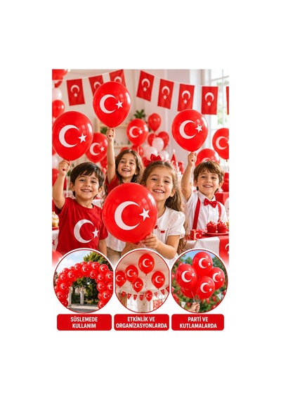 Türk Bayraklı Balon 30 Adet Ay Yıldızlı Balon Süsleme 29 Ekim 23 Nisan Kırmızı Beyaz Balon Bayrak Balon Bayram Beyaz - Kırmızı
