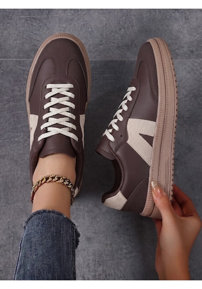 Kadın Sneaker Yüksek Taban Ortopedik Bağcıklı Spor Ayakkabı Retro Kahve-011 Beyaz