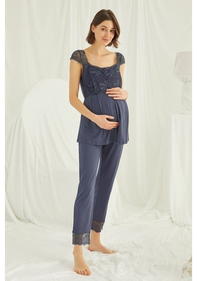Burdagel Monamise Kadın Lacivert Hamile Lohusa Sabahlıklı Pijama Takım 182