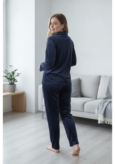 Estiva Kadın Önden Düğmeli Büyük Beden Kadife Pijama Takımı Lacivert