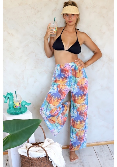 Plaj Pantalon Pareo Yazlık Kapalı Yırtmaçlı Lastikli Şifon Tül Kumaş S-M Yüksek Bel Coconut Renkli