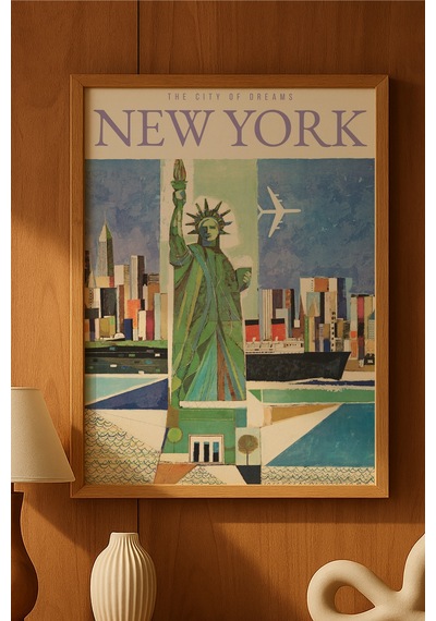 New York Doğal Ahşap Çerçeveli Poster, Dekoratif Seyahat Duvar Tablosu