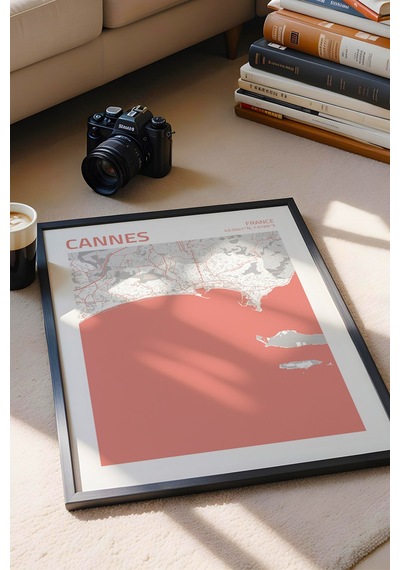 Cannes Fransa France Haritası Çerçeveli Tablo Lüks Salon Ofis Duvar Dekorasyonu Hediyelik Tablo