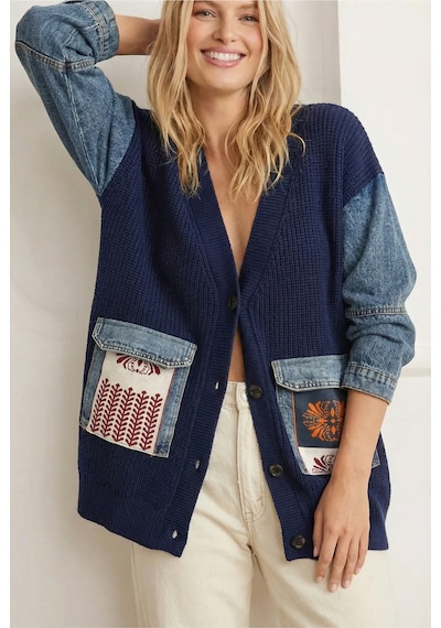 Femelle Kadın Lacivert Kot Cepli Kilim Desen Kolları Kot Oversize Düğmeli %100 Pamuk Triko Hırka