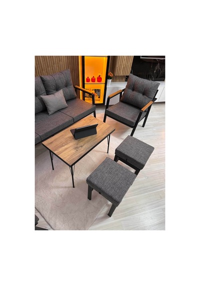 Houseart Balkon, Bahçe - Metal Kanepe Koltuk Takımı 3+1+1 + 2 Adet Puf + Sehpa Gri