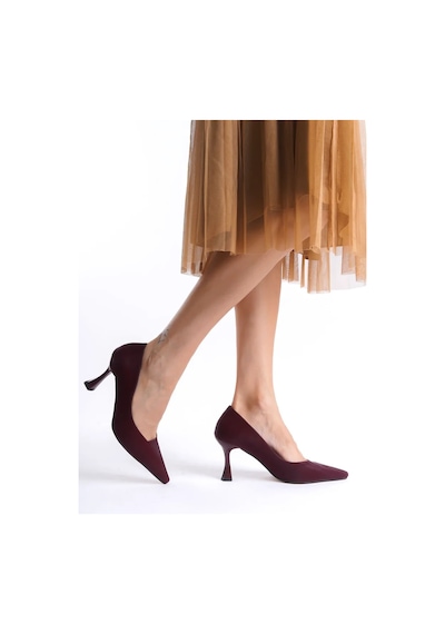 Alfaze Bordo Saten Klasik Şıklık Sivri Burun Stiletto Topuk Boyu 8 Cm