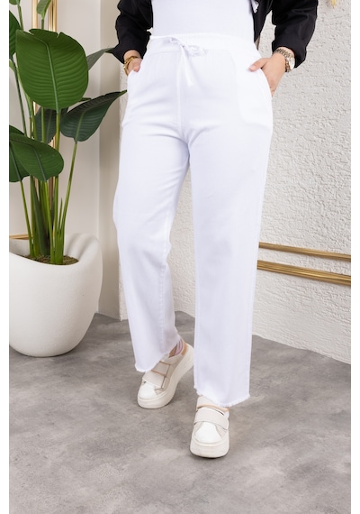 Nevayla Moda Beli Lastikli Keten Pantolon - Beyaz / A0104 Beyaz