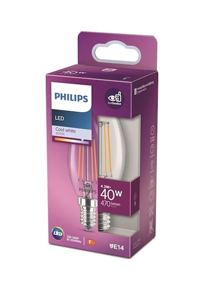 Philips Led Classic 40w B35 E14 Mum Tipi Beyaz Işık Dim Edilmez Filament Led Ampul Enerji Sınıfı F