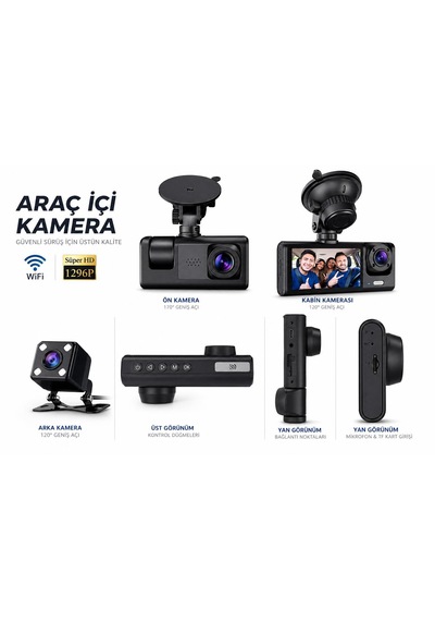 Araç İçi Kamera 1296p 3 Lens Cama Yapışan Model Ekranlı Geri Görüş Kamerası Video Kayıt 170 Derece Geniş Açı G-sensör Döngüsel Kayıt Hafıza Kart Takılabilir Gece Görüş