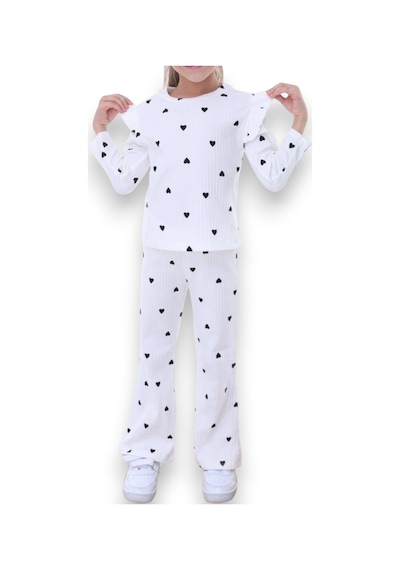 Yeni Sezon Kız Çocuk Fitilli Alt Üst Ekru Üzeri Kalp Desen Uzun Kol Pijama Takımı Fırfır Omuz Ekru