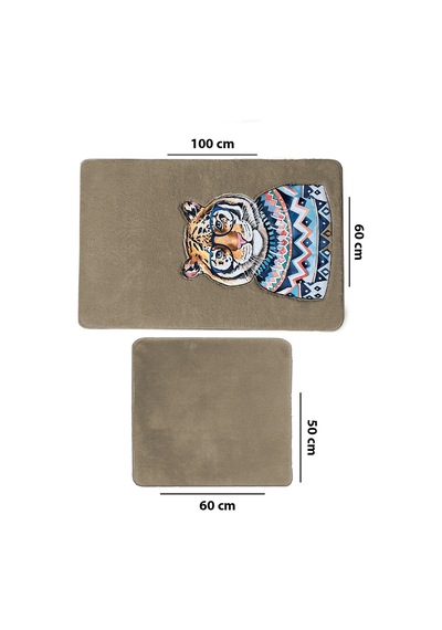 Logwe Taş 2li Nakışlı Banyo Paspası ,kaymaz Tabanlı 60x100 50x60 Cm Taş-ikili