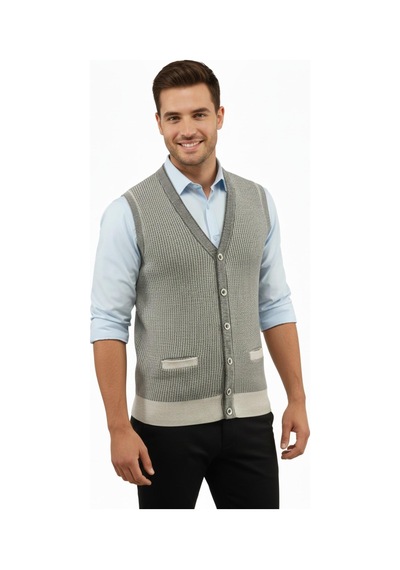 Çizgi Triko Erkek Düğmeli Yelek Cepli Çelik Örgü Klasik Kalıp 5208l Bgl-st04964 Taş