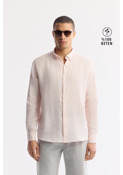Avva Erkek Pembe Düğmeli Yaka %100 Keten Comfort Fit Gömlek B002191