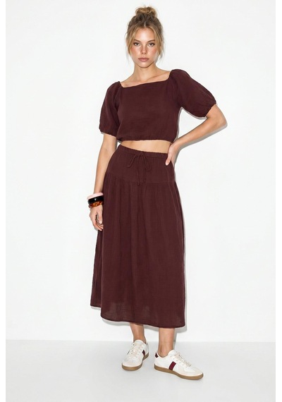 Shade Kadın Balon Kollu Crop Bluz Bağlama Detaylı Pamuklu Müslin Etek Takım Yc2728 60286287 - Mürdüm Shade Kadın Balon Kollu Crop Bluz Bağlama Detaylı Pamuklu Müslin Etek Takım Yc2728 60286287 - Mürdüm