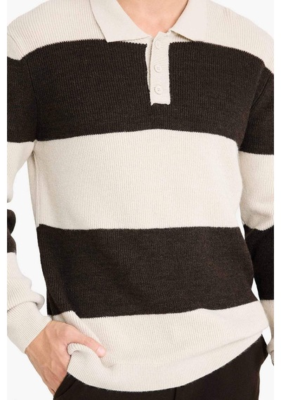 Defacto Standart Fit Polo Yaka Renk Bloklu Triko Kazak D3590ax25wnbn581 Kahve-bn581