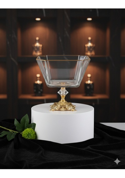 Çnr Home Collection Paşabahçe Metal Ayakli Gold Detayli Cam Büyük Boy Salata-servis -sunum Kasesi Gold